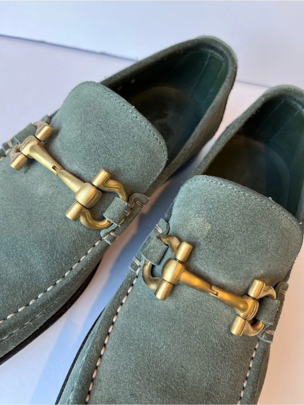 Salvatore Ferragamo Gancini Buckle Green Suede Loafers